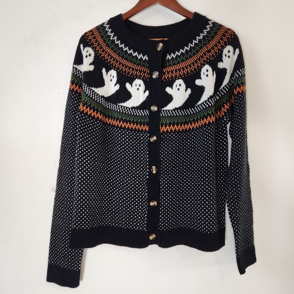 Halloween Ghost Cardigan Sweater L Spooky Fair Isle Whimsigoth Fall Goth